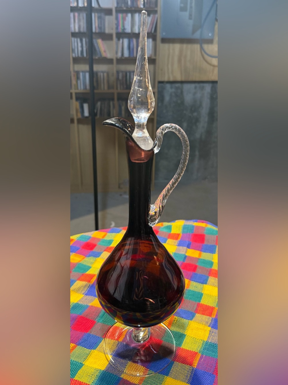Vintage Empoli Italian Amethyst Red Glass Decanter with Clear Stopper and Handle